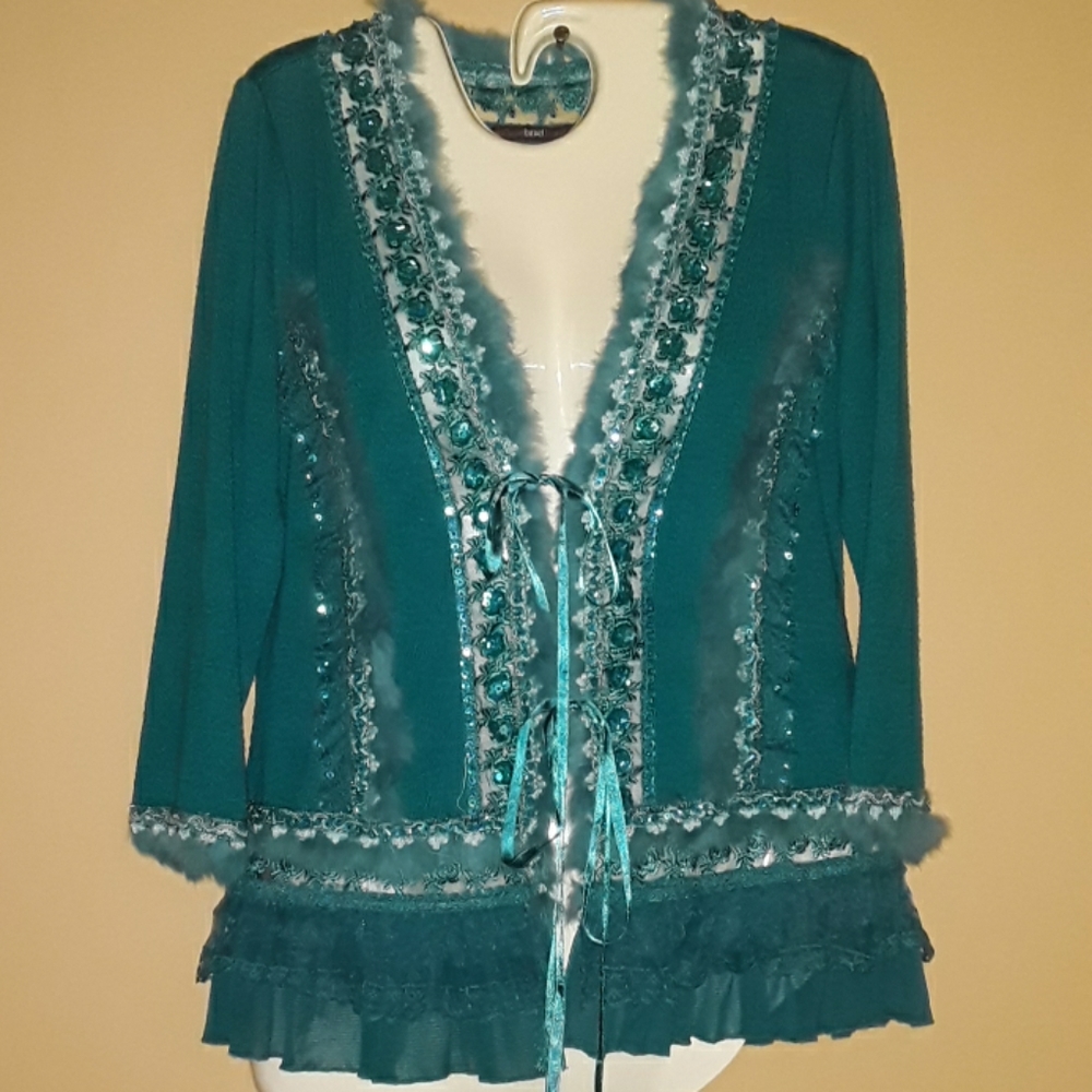 Boho Chic Lace Fur Sequin Cardigan teal